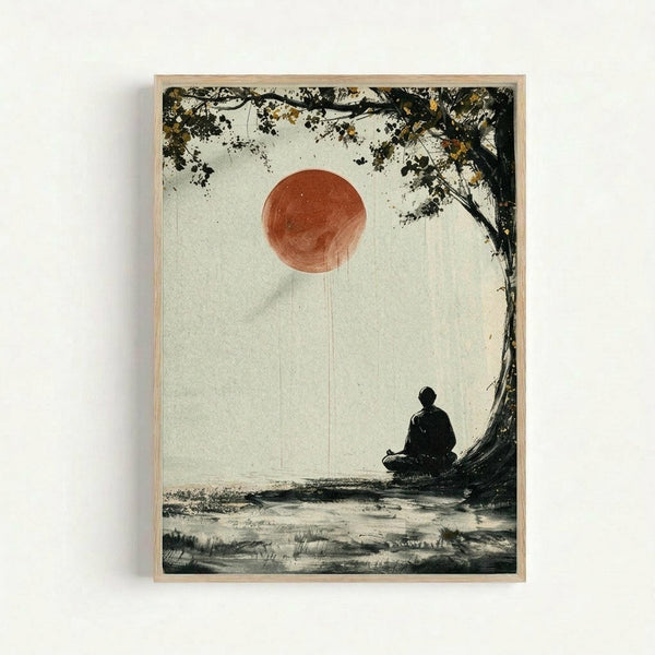 Framed artwork showing a silhouetted figure in meditation pose sitting beneath a large tree with spreading branches and foliage. A rust-colored sun or moon dominates the pale sky above. The scene is rendered in black ink with earthy tones on textured paper, creating a serene landscape with rolling hills in the foreground. The piece is displayed in a light wooden frame against a white wall.