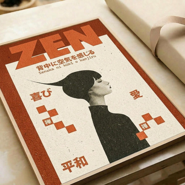 May include: Vintage-style Japanese poster with red border featuring silhouette of person in profile looking upward, surrounded by geometric orange squares and Japanese text. Print shown on white paper with cream-colored tube nearby, displaying retro color palette of red, orange, dark green, and cream with textured, grainy finish.