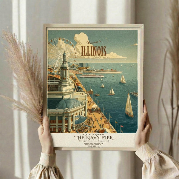 May include: Hands holding a framed vintage travel poster featuring Navy Pier with a large ferris wheel, pier extending into blue water with sailboats, and classic architecture. Warm cream and teal color palette in retro illustration style. Person wears cream sweater and holds dried pampas grass, standing near white curtained window.