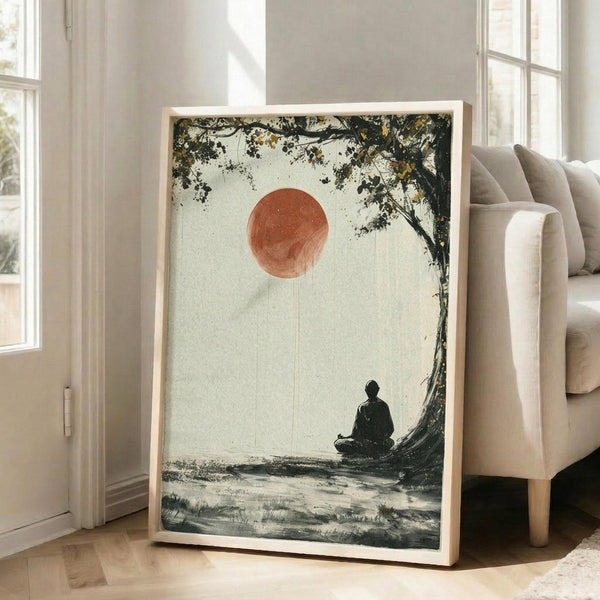 May include: Framed zen artwork showing silhouetted monk meditating under tree with red sun above, displayed in bright living room with beige sofa, wooden floors, and white walls with natural sunlight streaming through windows.