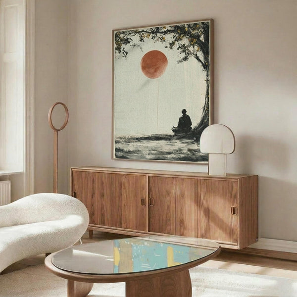 May include: Zen-inspired poster print displayed above wooden credenza in modern living room. Artwork shows silhouetted monk meditating beneath large tree with orange-red sun overhead in muted earth tones. Room features cream walls, white curved chair, oval glass coffee table with colorful reflections, and warm wood furniture with mid-century styling.