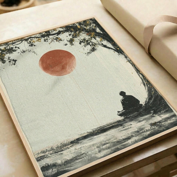 May include: Framed art print on cream paper showing a minimalist landscape with dark silhouetted figure sitting beneath tree branches, coral-red sun in pale sky, and horizontal ground lines. Print has weathered, textured edges and sits against rolled white paper on light wooden surface.