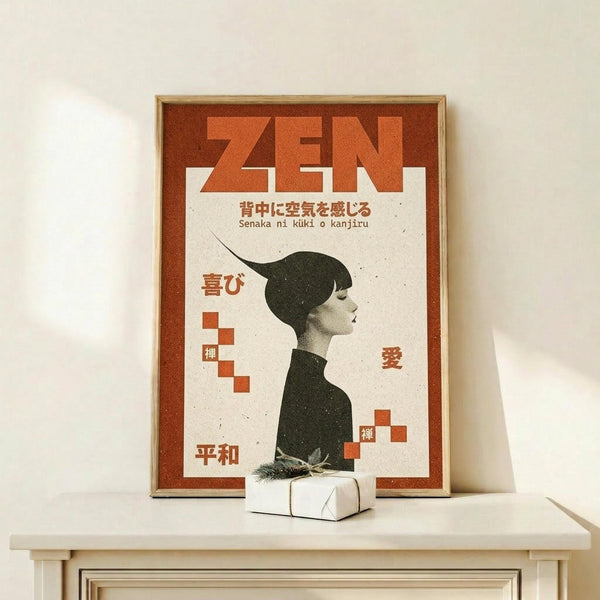 May include: Framed poster with vintage-inspired design featuring profile silhouette of woman with dark hair against cream background, large orange "ZEN" text at top, Japanese characters scattered throughout, rust-orange border, displayed on light wood surface next to small white wrapped gift with greenery sprig, against neutral wall with natural lighting
