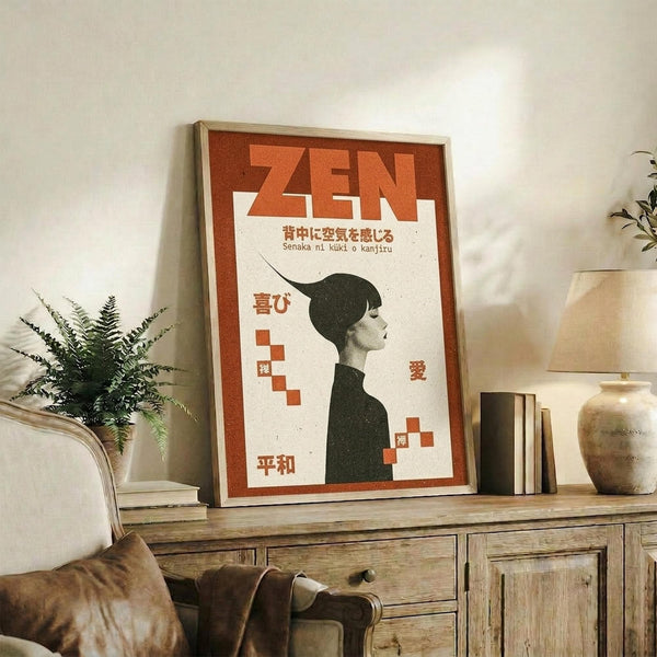 May include: Framed poster with Japanese text and silhouette of person in profile, displayed on rustic wooden console alongside fern plant, ceramic vases, and books in neutral-toned living room setting. Orange and cream color scheme with geometric design elements.