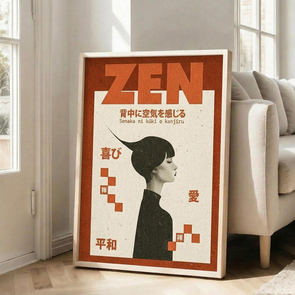 May include: A framed poster with orange and cream colors featuring a woman's profile silhouette in dark green, with "ZEN" in large letters and Japanese text scattered around geometric orange squares. The artwork has a vintage, minimalist aesthetic and is displayed leaning against a white wall next to a beige sofa in a bright, naturally lit room with white window frames.