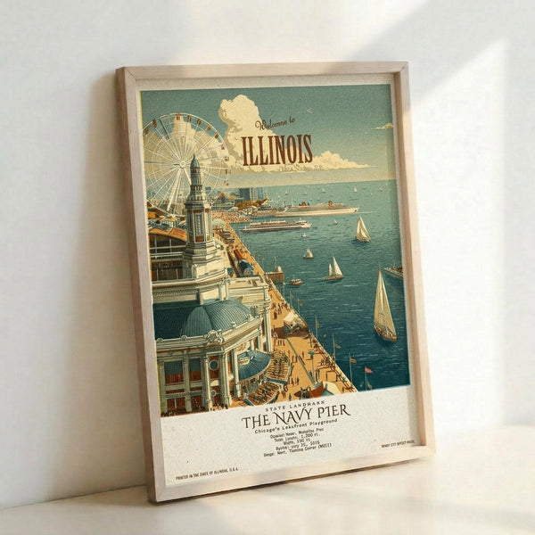 May include: Vintage-style travel poster in light wood frame leaning against white wall. Features colorful illustration of Navy Pier with large Ferris wheel, ornate domed building, sailboats on blue water, and "Welcome to Illinois" text in clouds above. Art has retro color palette with blues, creams, and warm tones in classic tourism poster aesthetic.