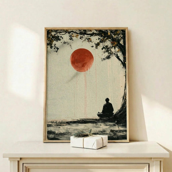 May include: Framed poster print displayed on light wood console table against white wall. Artwork shows silhouetted figure in meditation pose beneath large red sun, with dark tree branches overhead creating natural frame. Muted earth tones with weathered, vintage aesthetic. Small white gift box with twine sits on table beside frame.