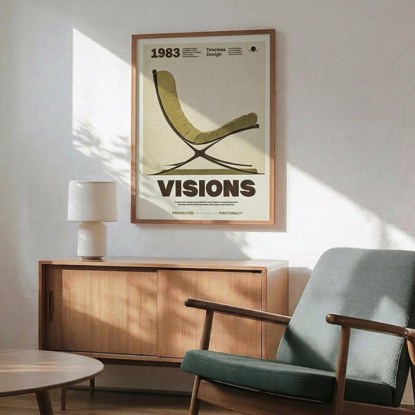 May include: Mid-century modern room setting with vintage poster featuring olive green lounge chair design from 1983. Poster displays "VISIONS" text and "Timeless Design" header in beige tones, framed in thin wood frame on white wall. Room shows teal upholstered armchair with wooden arms, walnut sideboard with sliding doors, white ceramic table lamp, and round coffee table. Warm natural lighting creates geometric shadows across the scene.