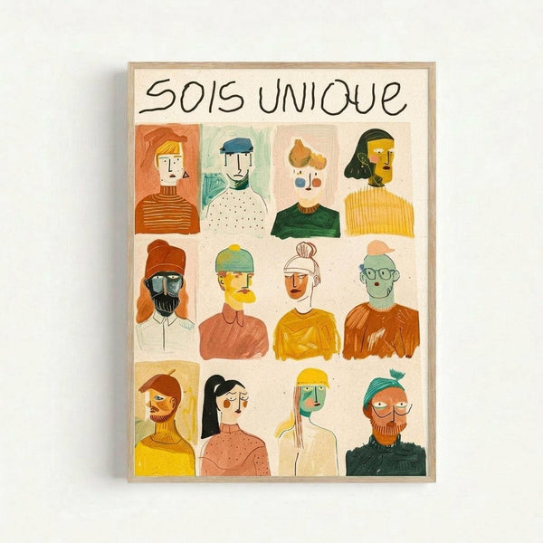 Framed art print featuring twelve illustrated portrait panels in a grid layout. Each panel shows a different stylized character with unique features like colorful sweaters, hats, beards, and glasses. The illustrations use a warm color palette of oranges, yellows, greens, and earth tones in a modern, minimalist artistic style. Text at the top reads "SOIS UNIQUE" in handwritten lettering. The print is displayed in a light wood frame against a white wall.