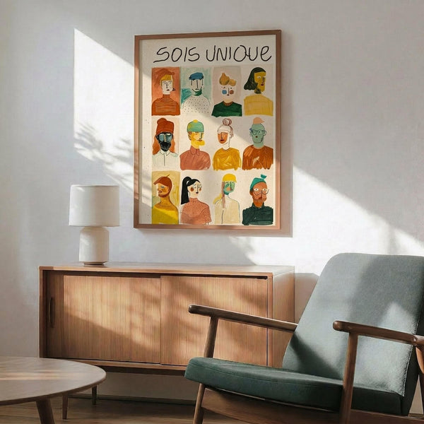 May include: Framed poster with colorful illustrated portraits arranged in a grid showing diverse people with various hairstyles, clothing, and accessories in warm tones of orange, yellow, green, and blue. The artwork hangs above a wooden credenza with sliding doors next to a teal mid-century modern armchair with wooden frame in a bright room with natural light casting shadows on white walls.