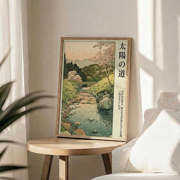 May include: Japanese woodblock-style poster in wooden frame showing scenic mountain landscape with flowing stream, cherry blossoms, bridge, and traditional architecture under pale sky with sun. Features Japanese text on cream background. Displayed on round wooden side table next to beige upholstered chair with throw pillow. Soft natural lighting creates shadows on neutral wall. Green plant leaves visible in corner.