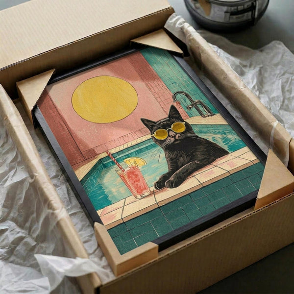 Framed poster artwork showing a black cat wearing yellow sunglasses lounging by a turquoise swimming pool with a red cocktail drink nearby. The retro-style illustration features a large yellow sun against a coral pink sky. The artwork is displayed in a black frame being carefully unpacked from brown cardboard packaging with white tissue paper protective wrapping.