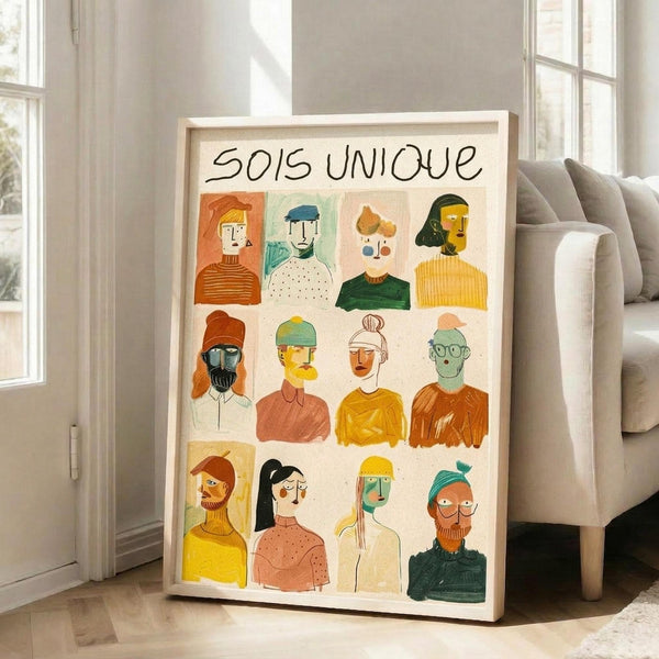 May include: Framed art print leaning against white wall next to beige sofa in bright living room with windows. Poster features twelve colorful illustrated portrait squares arranged in grid format with "SOIS UNIQUE" text at top. Each portrait shows different stylized person with varied skin tones, hairstyles, clothing, and accessories in warm oranges, greens, yellows, and blues. Light wooden frame, approximately 2-3 feet tall based on sofa scale.