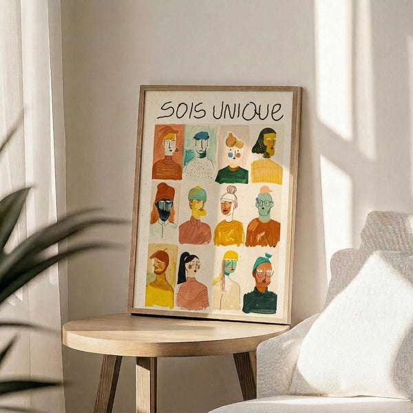 May include: Framed poster with twelve illustrated portrait panels showing diverse people in colorful clothing and headwear, displayed on a round wooden side table next to a beige upholstered chair. Natural sunlight streams across white walls, with green plant leaves visible in corner. The artwork features hand-drawn style figures in warm earth tones including orange, yellow, green, and blue, arranged in a grid format with "SOIS UNIQUE" text at top.