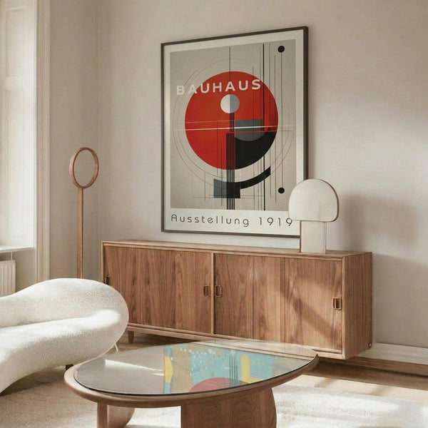 May include: Framed Bauhaus exhibition poster with geometric red, black, and gray circular design hanging above wooden sideboard in modern living room. White sculptural chair and glass coffee table with colorful abstract art visible. Minimalist interior with neutral walls and natural lighting.
