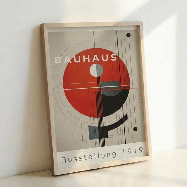 May include: Framed geometric poster featuring red and black circular design with intersecting lines and shapes on beige background, displayed against white wall corner. Light wood frame complements the Bauhaus-style artwork with "Ausstellung 1919" text at bottom in minimalist typography.