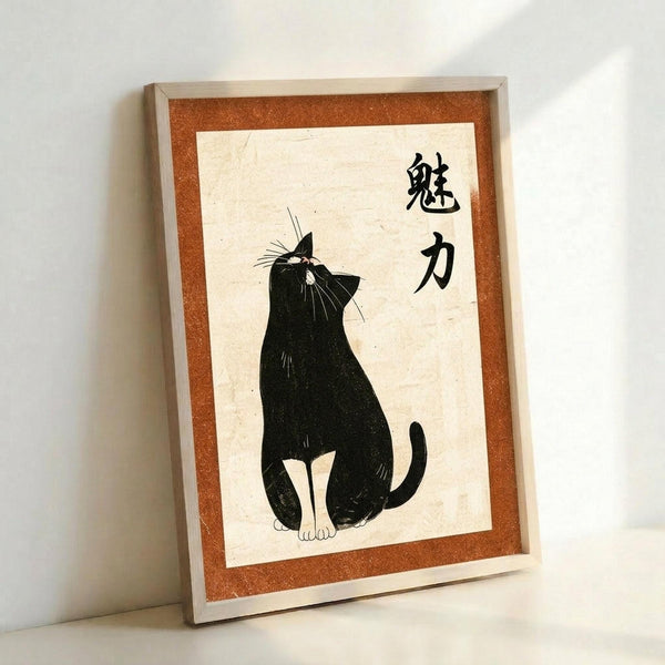 Framed artwork showing a black cat silhouette sitting upright with white paws and facial features, looking upward. Two Japanese kanji characters appear on the right side. The print has a cream-colored background with brown cork-style matting and light wooden frame. The piece leans against a white wall, casting a soft shadow.