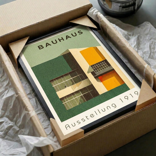 May include: Framed Bauhaus exhibition poster from 1919 featuring geometric architectural design with green, orange, and cream colored rectangular shapes and grid patterns. Black frame sits in open cardboard shipping box with white tissue paper padding on white surface.
