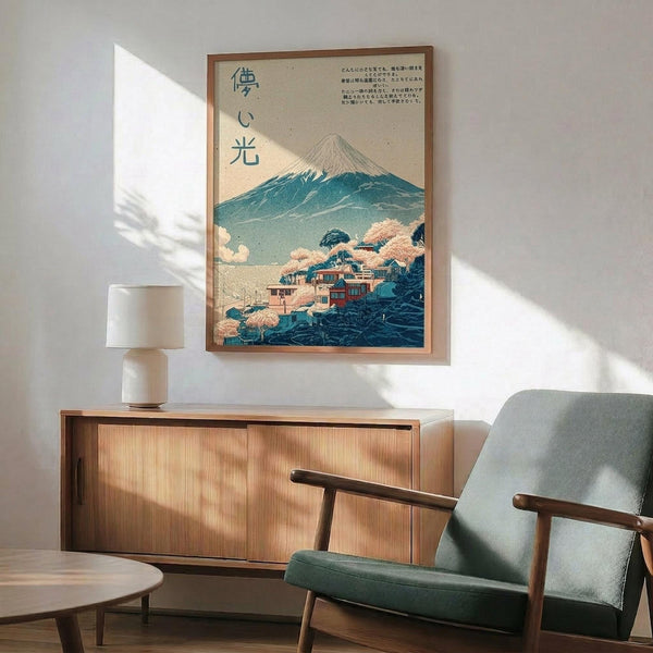 May include: Japanese-style poster print featuring Mount Fuji with snow-capped peak, traditional village buildings with pink cherry blossoms, and vertical Japanese text, displayed in thin wooden frame above mid-century modern walnut credenza with ceramic table lamp, next to sage green upholstered armchair in minimalist room with white walls and natural sunlight shadows
