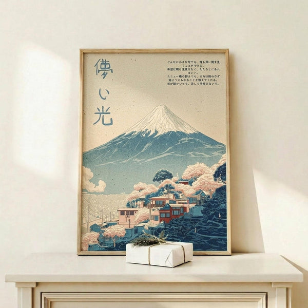 May include: Framed Japanese-style art print featuring Mount Fuji with snow-capped peak rising above a village of traditional houses surrounded by pink cherry blossoms. The vintage-inspired poster displays muted blue, pink and cream tones with Japanese text, displayed in a thin wooden frame on a light wood shelf alongside a small white wrapped gift with natural twine and greenery sprig.