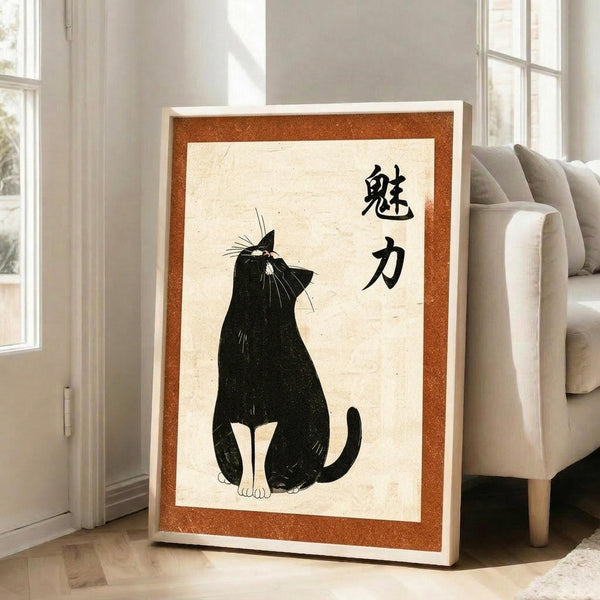 May include: Framed poster print leaning against white wall in bright living room with beige sofa. Artwork shows minimalist black cat silhouette sitting upright looking up, with Japanese kanji characters, on cream background with rust orange border and white frame.