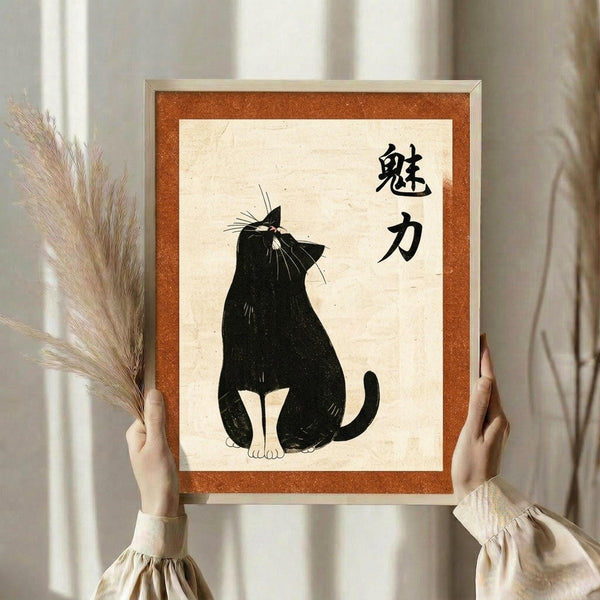 May include: Person holding framed artwork featuring black cat silhouette sitting upright with Japanese characters, displayed against cream background with orange border in light wood frame. Dried wheat stems visible on left side, soft natural lighting from window creates gentle shadows on neutral wall.
