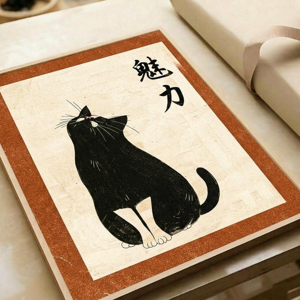 A black cat sits looking upward with Japanese kanji characters above it on cream-colored textured paper. The minimalist artwork features a silhouetted cat with white paws and whiskers, framed by a rust-colored border. The print appears to be displayed on white paper or canvas material with rolled edges visible in the background.
