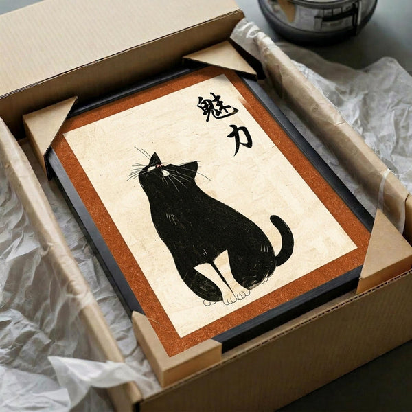 May include: Black cat artwork print in wooden frame with orange mat, displayed in gift box with tissue paper. Japanese characters appear above stylized black cat silhouette on cream background. Frame sits among wooden rolling pins and packaging materials on white surface.