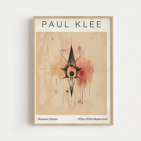 Framed museum exhibition poster featuring abstract modernist artwork with geometric shapes, circles, and linear elements in muted earth tones of beige, pink, and black. The composition includes angular forms, delicate line work, and watercolor-like washes on aged paper texture. Text reads "PAUL KLEE" at top, "Museum Edition" and "1920s-1930s Modernism" at bottom. Natural wood frame mounted on white wall.