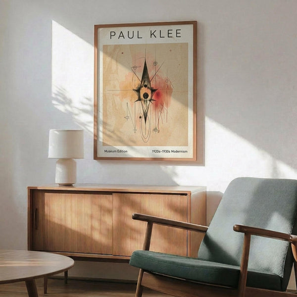 May include: Paul Klee modernist artwork poster displayed in mid-century modern living room with geometric abstract design featuring triangular and circular shapes in black, red, and beige tones. Framed print hangs above wooden sideboard with white ceramic lamp, next to sage green upholstered armchair with walnut frame and small round coffee table on hardwood floors.