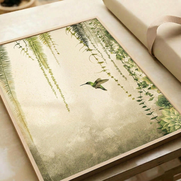 May include: Botanical art print displayed on white paper with cream ribbon nearby. Features green hummingbird in flight surrounded by hanging ferns and trailing vines against soft beige textured background. Detailed illustration shows delicate feathers and foliage in natural green tones.
