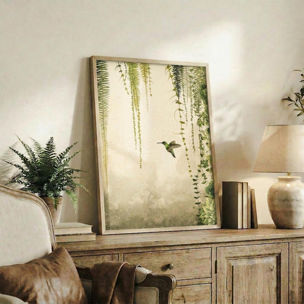 May include: Framed botanical artwork featuring green hanging ferns and a small hummingbird on cream background, displayed on rustic wooden sideboard alongside potted fern plant, ceramic vases, and books in neutral-toned living room with beige armchair and soft natural lighting