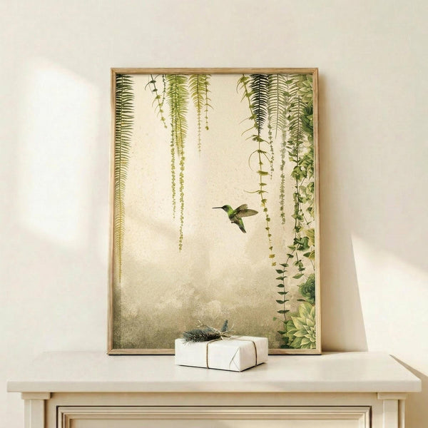May include: Framed botanical wall art featuring green hanging ferns and trailing vines cascading from top edges against cream textured background, with emerald hummingbird in flight at center. Natural wood frame displayed on light wooden console table beside white wrapped gift box with evergreen sprig, against neutral wall with soft natural lighting.