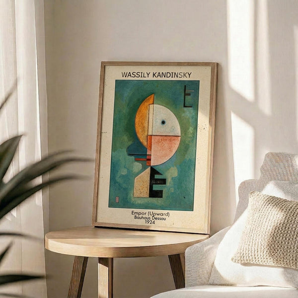 May include: Framed Kandinsky abstract art poster with geometric shapes in orange, white, and blue on teal background, displayed on round wooden side table next to beige upholstered chair with knit throw pillow. Natural sunlight creates shadows on white wall behind the artwork.