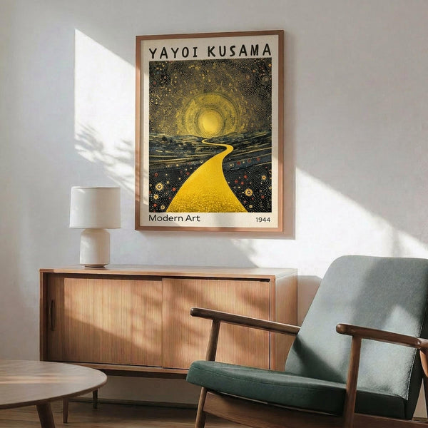 May include: Framed poster print featuring Yayoi Kusama artwork with yellow winding path leading to bright sun against dark dotted sky, displayed above mid-century modern wooden sideboard with white ceramic lamp, next to sage green upholstered armchair in sunlit room with white walls.