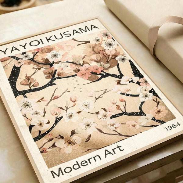 May include: Art print featuring delicate cherry blossom branches with pink and white flowers against a cream background, displayed in a light wood frame on white paper with beige ribbon nearby. The botanical illustration shows flowing black dotted branches with soft floral details in muted tones.