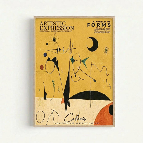 Abstract art poster with yellow background featuring black geometric shapes, curved lines, and colorful elements including a crescent moon, starburst, and organic forms. Text reads "Artistic Expression" and "A World of Forms" at top, "Of Coloris Contemporary Abstract Gallery" at bottom. Displayed in light wooden frame against white wall.