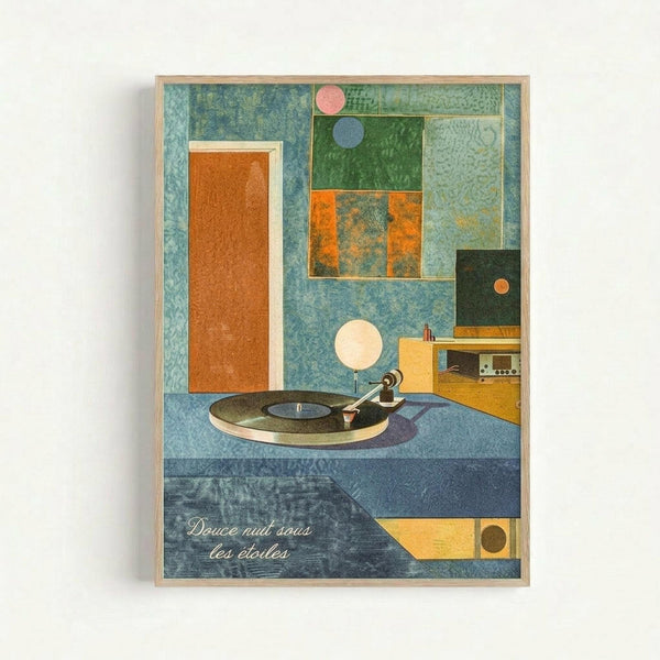 A framed vintage-style poster featuring a geometric collage with textured blue, green, orange and yellow rectangular sections. The artwork shows a record player with tonearm positioned over a vinyl record, surrounded by abstract architectural elements and circular shapes in coral, blue and cream. French text "Douce nuit sous les étoiles" appears in white script at the bottom. The composition has a weathered, layered appearance with rich earthy tones and mid-century modern aesthetic, displayed in