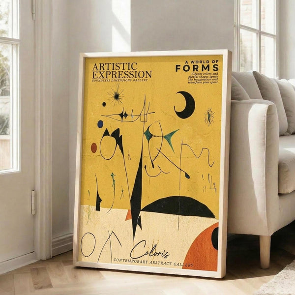 May include: Abstract art poster with yellow and cream background featuring geometric shapes, curved lines, and celestial elements like a crescent moon. Text reads "Artistic Expression" and "A World of Forms" at top. Displayed in white frame leaning against wall next to beige armchair in bright, minimalist living room with large windows.