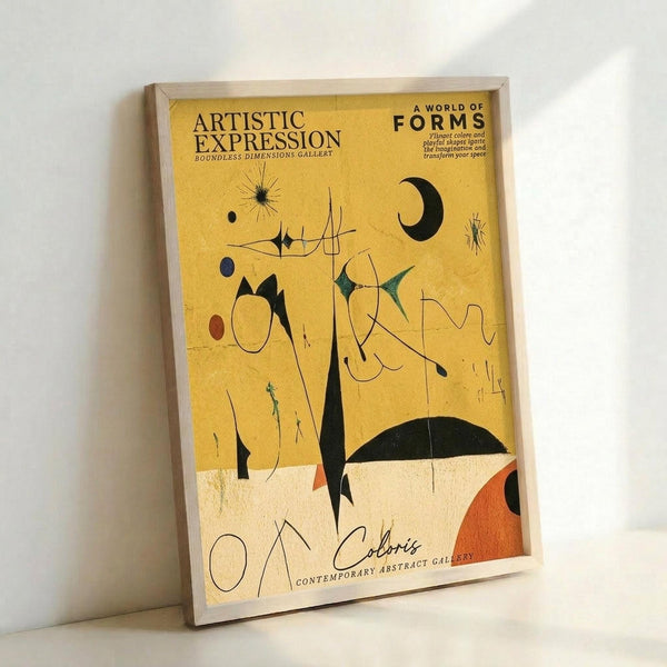 Framed abstract art poster with yellow and cream background featuring geometric shapes, curved lines, and celestial elements including a crescent moon and starburst. The artwork displays black silhouettes, blue and orange accents, and flowing abstract forms in mid-century modern style. Natural wood frame sits against white wall with soft lighting creating subtle shadows.
