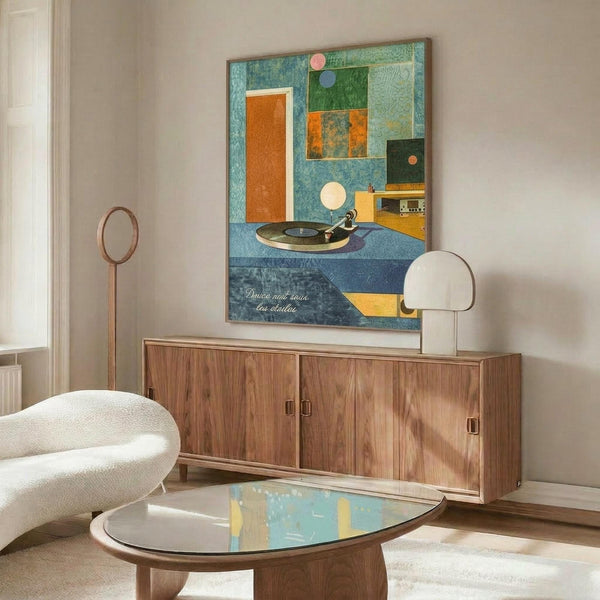 May include: Colorful abstract poster with turntable, geometric shapes in blues, greens, and orange, displayed above walnut credenza in modern living room with white curved chair, brass floor lamp, glass coffee table, and neutral walls