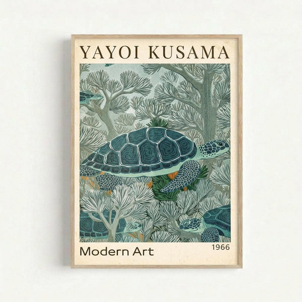 May include: Framed art print hanging on white wall featuring a detailed illustration of a sea turtle swimming among coral or seaweed in muted green and teal tones. The print has cream-colored borders with "YAYOI KUSAMA" at top, "Modern Art" and "1966" at bottom. Natural wood frame surrounds the vintage-style poster with Japanese artistic influence and organic underwater botanical elements.