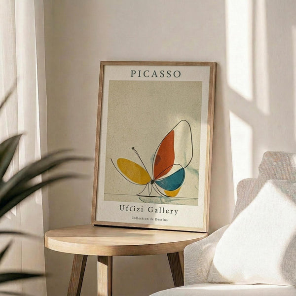 May include: Framed poster featuring a minimalist butterfly design with colorful wings in yellow, orange, and teal on beige background, displayed on a wooden round side table next to a beige upholstered chair. Sunlight streams through white curtains creating shadows on the neutral wall. A green plant leaf is partially visible in the corner.