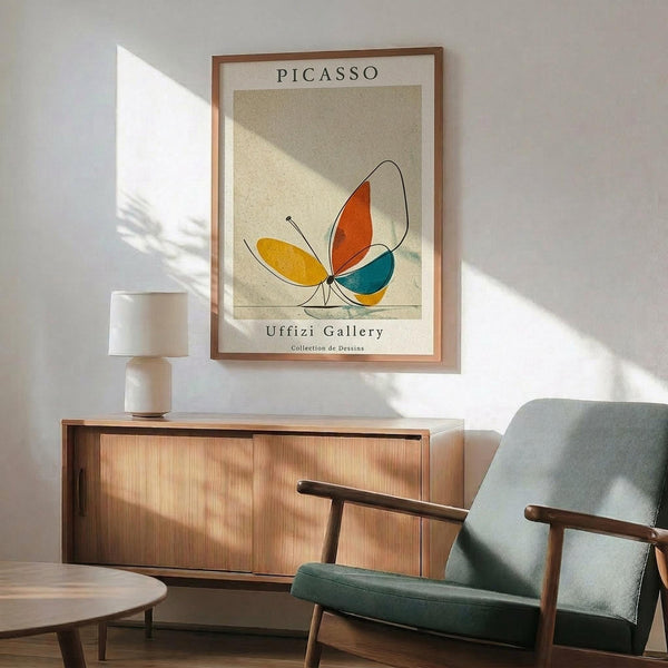 May include: Framed art print featuring a minimalist butterfly design with yellow, orange, and teal colored wings outlined in black on a beige background, displayed above a wooden sideboard with a white table lamp. The print is shown in a thin wooden frame on a white wall with dramatic sunlight casting shadows. A mid-century modern teal upholstered chair with wooden arms sits nearby.