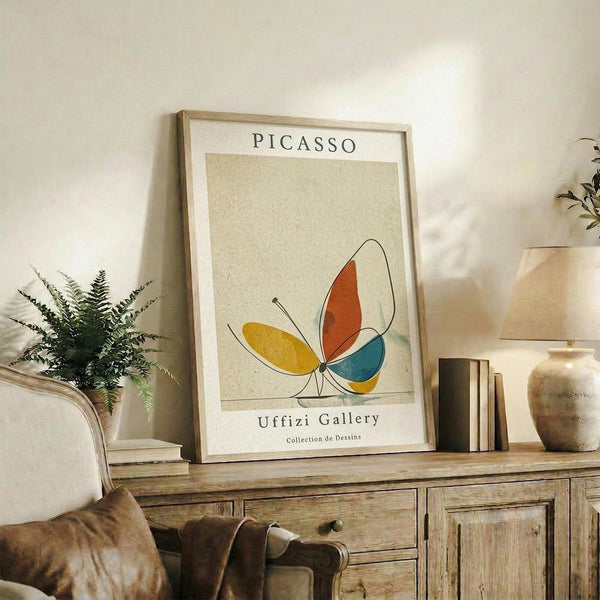May include: Framed art print featuring an abstract butterfly design with yellow, orange, and teal colored wings outlined in black on a cream background. The poster displays "PICASSO" at the top and "Uffizi Gallery Collection de Dessins" at the bottom. The print sits in a light wood frame on a rustic wooden console table alongside books, ceramic vases, and a potted fern plant, creating a warm, minimalist home decor scene with neutral tones throughout.