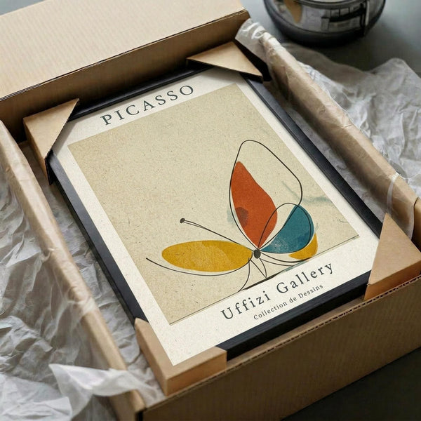 May include: Minimalist butterfly artwork in Picasso's style featuring colorful geometric wing sections in orange, teal, yellow and cream tones on beige textured background. Black framed print shown unboxed with tissue paper and wooden dowels for hanging, displayed on neutral surface with soft natural lighting.