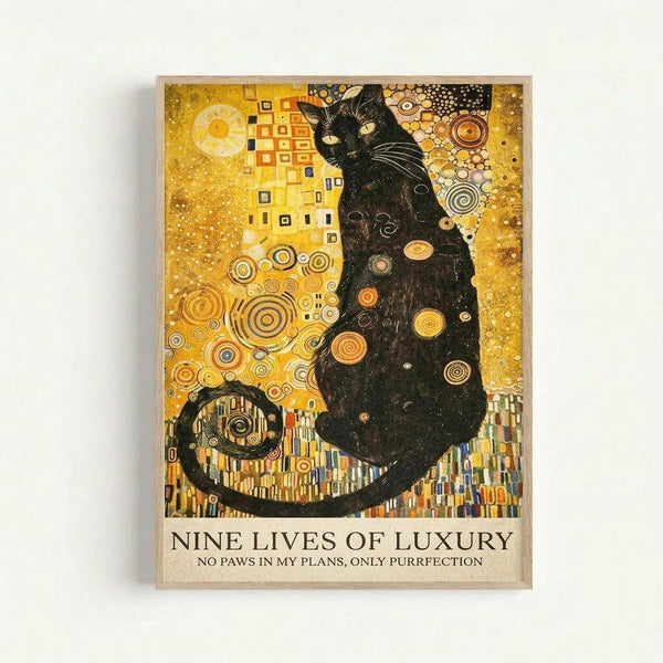 Framed art print featuring a black cat in Gustav Klimt's distinctive golden style with geometric patterns, swirls, and circular motifs throughout the composition. The cat sits elegantly against a rich yellow and gold background filled with decorative elements including squares, spirals, and ornate designs. Text below reads "NINE LIVES OF LUXURY" and "NO PAWS IN MY PLANS, ONLY PURRFECTION" in dark letters against a cream background.