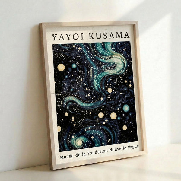 Framed poster featuring a cosmic night sky artwork with swirling turquoise and teal nebula patterns against deep black space. White and cream circular dots of varying sizes represent stars and celestial bodies scattered throughout. The flowing, organic curves create movement across the composition. Text reads "YAYOI KUSAMA" at top and "Musée de la Fondation Nouvelle Vague" at bottom. Light wooden frame sits against white wall, casting subtle shadow.