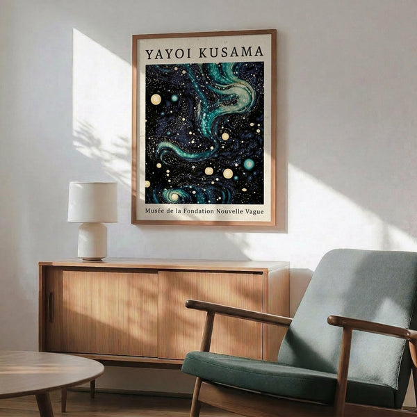 May include: Framed poster with cosmic swirling patterns in turquoise and navy blue against black background, featuring scattered dots and celestial orbs. Displayed above mid-century modern wooden credenza with white ceramic lamp. Sage green upholstered armchair with wooden frame sits nearby on wooden floor. Soft natural light creates shadows on white wall.