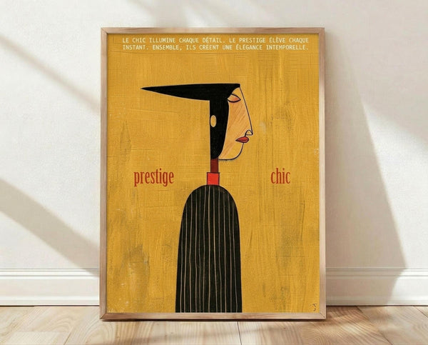 May include: Framed vintage-style French poster with mustard yellow textured background featuring stylized woman in profile wearing black hat and pinstriped dress, red lips and collar accent, words "prestige" and "chic" in red text, displayed on light wood floor against white wall with natural lighting shadows